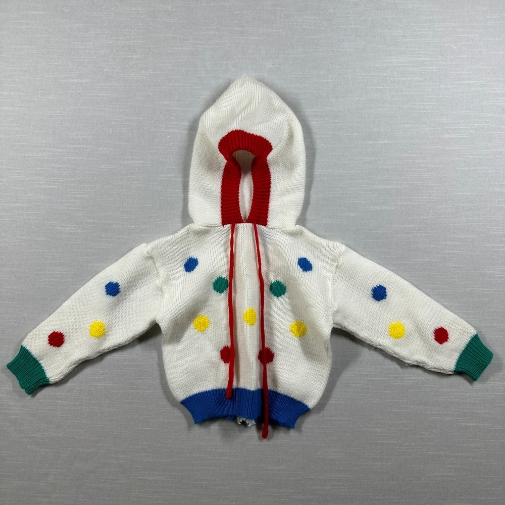 Vintage Carriage Boutiques Hooded Sweater Kids White Polka Dot Knit Zip 80s